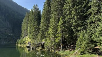 Ein festlich gedeckter Tisch am Ufer eines klaren Sees, umgeben von hohen Tannenbäumen. Im Hintergrund erheben sich sanfte Hügel unter einem strahlend blauen Himmel.