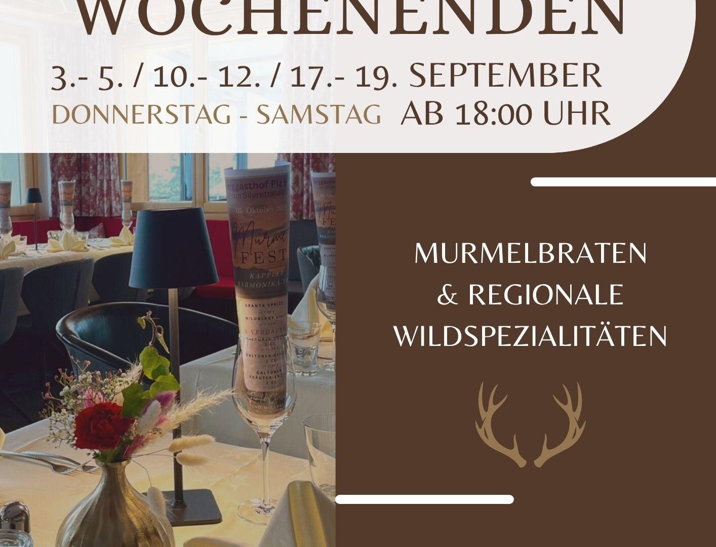 Ein einladendes Plakat für die Murmelwochenenden im Berggasthof Piz Buin. Es informiert über spezielle Gerichte und Reservierungsmöglichkeiten.