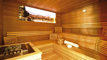 A modern sauna with wooden paneling and benches. A large window showcases a picturesque landscape with mountains.
