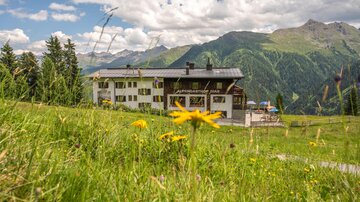 Ein modernes Gebäude in einer malerischen Berglandschaft. Im Vordergrund blühen gelbe Blumen auf einer grünen Wiese.