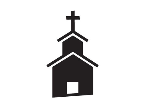 Eine stilisierte schwarze Kirche mit einem Kreuz auf dem Dach. Die Form ist einfach und klar.