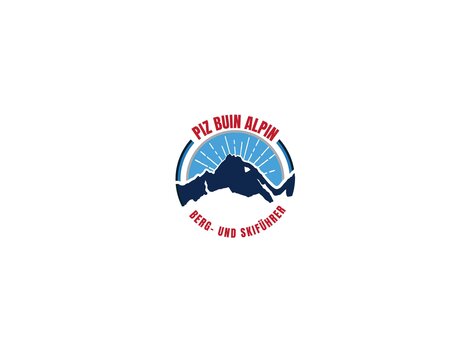 Ein Logo von Piz Buin Alpin, das Berge und Aktivitäten im Schnee darstellt. Es zeigt eine stilisierte Bergkette in blauen und roten Farben.