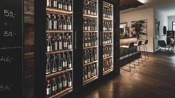 Ein stilvolles Weingeschäft mit einer großen Auswahl an Flaschen in einem eleganten Glaskühlschrank. Im Hintergrund ist eine moderne Bar mit Sitzgelegenheiten zu sehen.