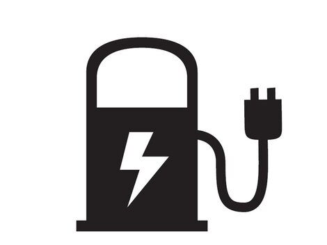 Eine stilisierte elektrische Ladestation mit einem Blitzsymbol. Das Kabel endet in einem Steckdosenstecker.