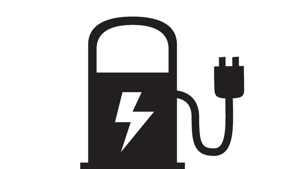 Eine stilisierte Abbildung einer Ladestation für Elektrofahrzeuge. Sie zeigt eine Säule mit einem Stromstecker und einem Blitzsymbol.