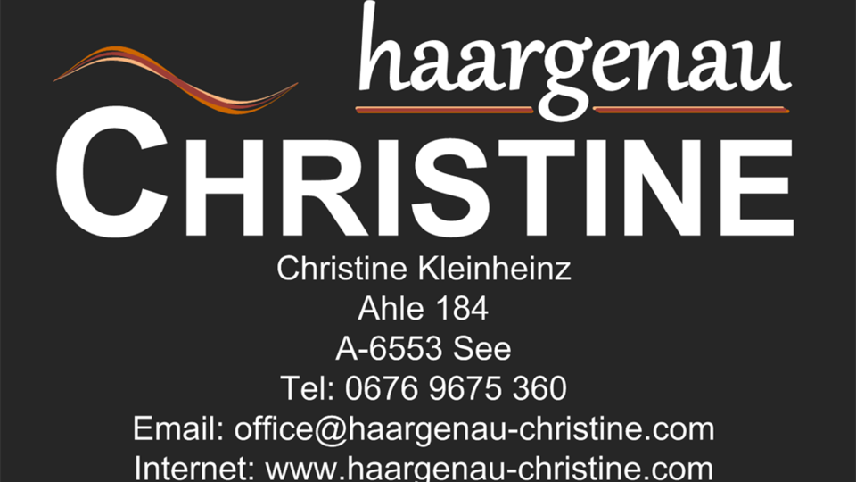 Eine Visitenkarte mit den Kontaktdaten von Christine Kleinheinz. Sie zeigt den Namen "haargenaus" und umfasst Adresse, Telefon, E-Mail und Internetseite.