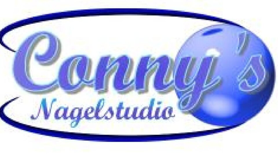 Ein Logo für Conny's Nagelstudio. Es enthält den Schriftzug in blauer Schrift und eine stilisierte Kugel.