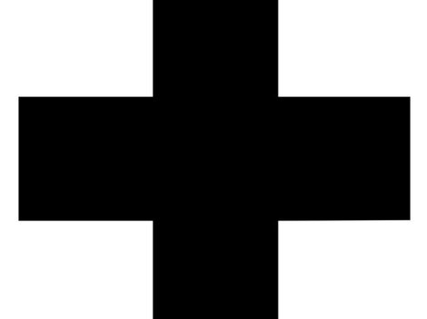 Ein schwarzes Kreuz auf weißem Hintergrund. Es symbolisiert oft medizinische Hilfe oder Notfallservices.